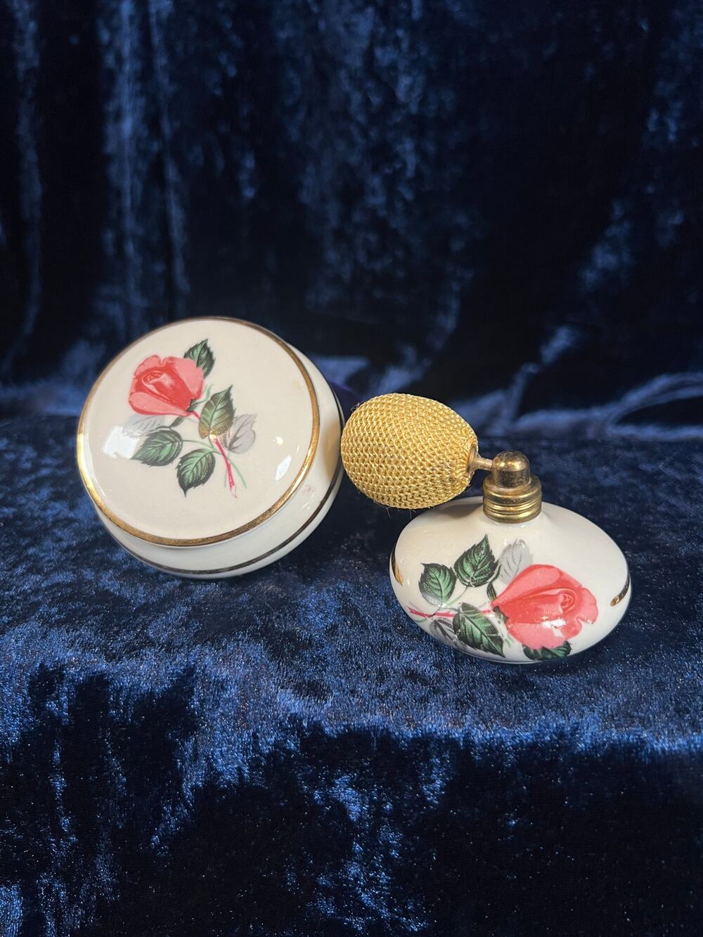 Vintage Porcelain Vanity Set Pink Briar Rose Trinket Box Perfume Bottle Bavaria